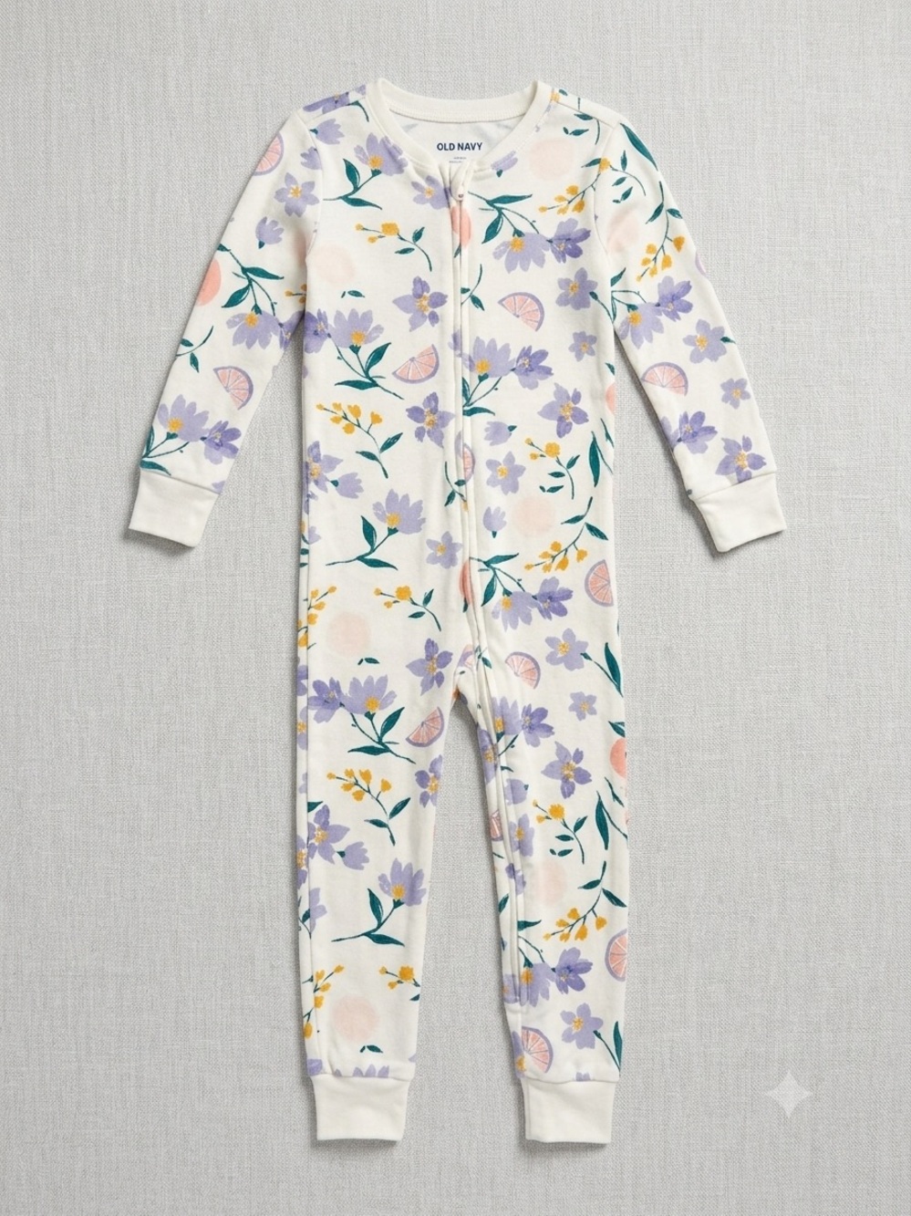 Old Navy Cream Floral Zip Footed Pajama One-Piece with Purple and Yellow Flowers